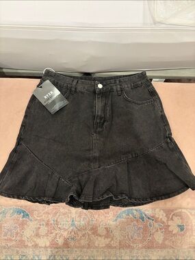 Black Denim Ruffle Hem Skirt
